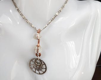 copper wire gears steampunk NECKLACE chain coil beads handmade jewelry