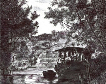 fishing boat in village ORIGINAL drawing river, landscape trees,  pen ink drawing
