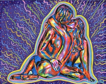 LOVERS abstract man AND woman original art painting Nude couple kissing colorful artwork
