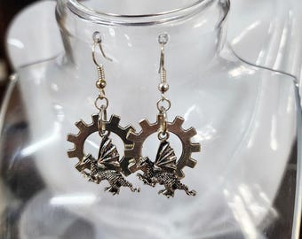 metal silver tone dragon gear charm earrings dangles handmade fantasy jewelry