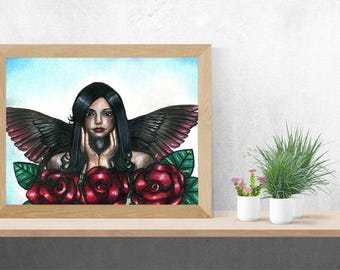 goth Angel woman black wings colored pencil drawing red roses fantasy original art