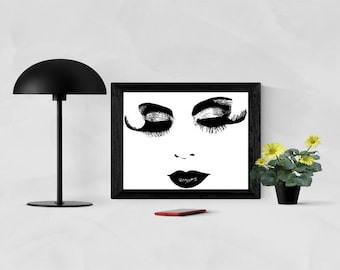 Diva closed eyes long lashes black lips goth makeup printable art, womans face clipart png, instant download, digital print, lipstick lips