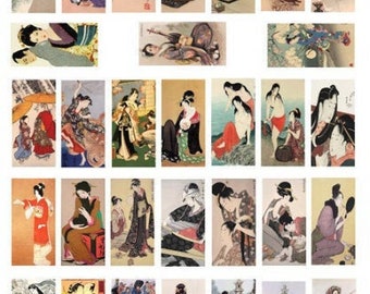 vintage geisha girls, japanese women men, clipart, digital prin,t instant download, domino collage sheet 1" x 2" inch images printables