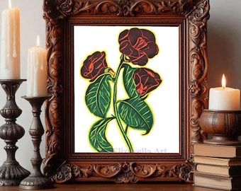 original drawing red roses green leaves flowers abstract art ink markers modern minimal artwork