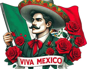 Mexican man Viva Mexico flag png clipart, sombrero hat png jpg portrait COLOR ILLUSTRATION art digital print download