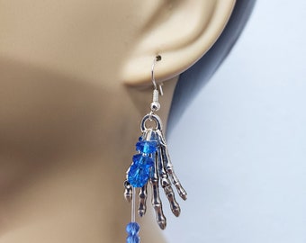 Silver skeleton hand blue bead drop earrings, charm earrings, long dangles goth earrings, punk, biker, halloween, handmade jewelry