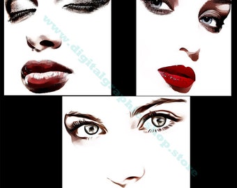 3 womens faces png, printable makeup art, beauty, clipart, instant downloads, digital images to print