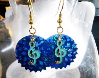 blue enamel musical clef note earrings sequin circles dangles musical handmade jewelry