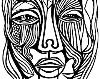 abstract tribal face coloring page printable wall art, jpg, abstract digital download, instant download art 10" x 10"