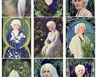 beautiful silver gray hair older women art portraits digital collage sheet, 2.5" x 3.5" inch aceos, printables art clipart, instant download