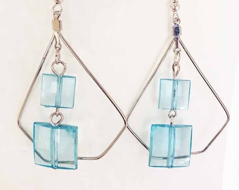 Blue earrings, square bead earrings, triangle wire hoop earrings, dangles handmade jewelry