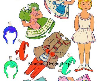 Little girl Paper Doll with clothe kids crafts printable Digital paper toys download