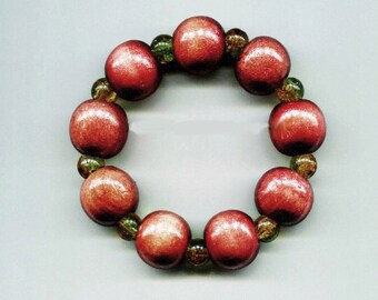 brown chunky wood and glass bead bracelet, stretch hippie bracelet, handmade