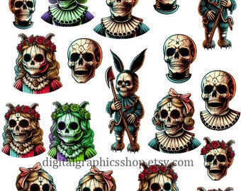 creepy skulls skeleton dolls clipart digital collage sheet halloween horror cartoon clipart jpg png printable instant download