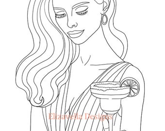 Beautiful woman with margarita • party drinking art • Coloring Page for Adults • line art • Instant Download  • JPEG PNG PDF printable