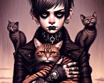 Vampire goth boy with pet cats mixed media drawing original art print fantasy dark art