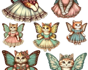 cat fairy paper dolls collage sheet, digital download, animal clipart printable cut outs