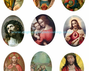 vintage jesus christ art, digital collage sheet, instant download, 3 inch ovals, printable religious christian paintings