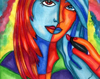 Watercolor Woman's Face Painting: Abstract Lipstick Kaleidoscope Art (9x12 inch)