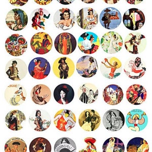 mexican and spanish women digital collage sheet 1 inch circles, flamenco dancers, clipart, vintage printable images instant download