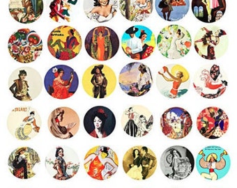 mexican and spanish women digital collage sheet 1 inch circles, flamenco dancers, clipart, vintage printable images instant download