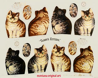 1800s cat kittens sew crafts paper dolls front and back collage sheet cut outs jpg pdf Digital Clipart set printable crafts download