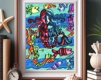 mermaids abstract original painting fish nautical beach Siren's Realm decor colorful art 9" x 12" sealife fantasy folk art