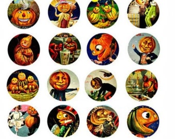 vintage halloween, jacko lantern pumpkins, collage sheet, clipart, digital print, instant download, 1.5" inch circles, graphics images