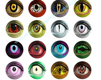 printables, digital collage sheet, creature, alien, monsters, evil eyes, 1.5" inch circles, clipart, instant downloads