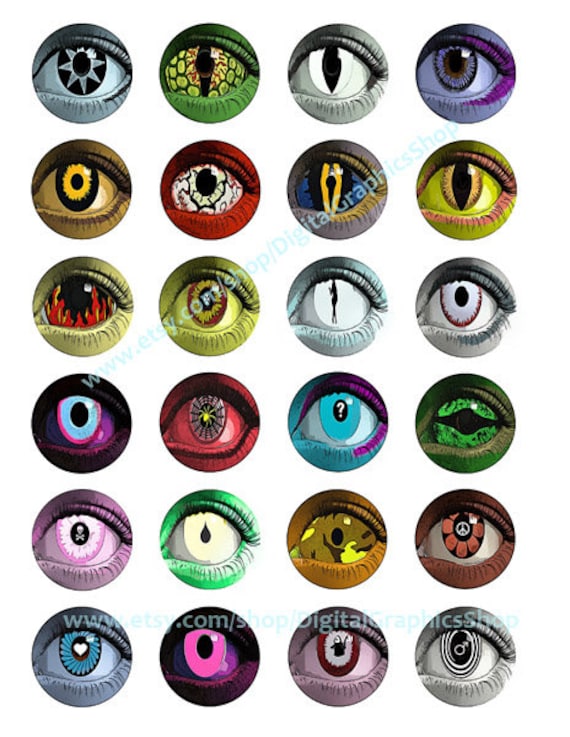 printables, digital collage sheet, creature, alien, monsters, evil eyes, 1.5" inch circles, clipart, instant downloads