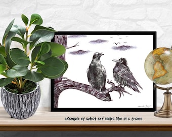 crow raven drawing birds original art animal black pen ink illustration Elizavella