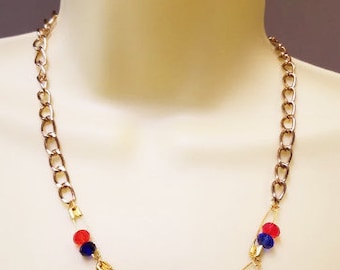 blue and red glass bead safety pin necklace handmade gold chain jewelry