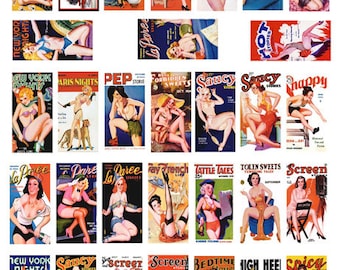 retro pinup girls domino collage sheet 1 x 2 inch vintage girly magazines, pinup art digital print download