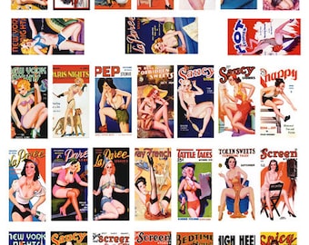 vintage girly magazines, pinup girls, domino collage sheet 1 x 2 inch images digital instant download printables