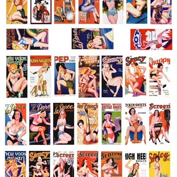vintage girly magazines, pinup girls, domino collage sheet 1 x 2 inch images digital instant download printables