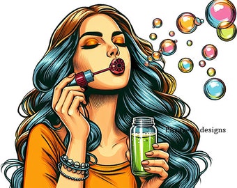 woman blowing soap bubbles png clipart, womans face png jpg printable art digital download