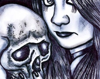 woman with lovers skull original ink drawing dark fantasy art print horror artwork