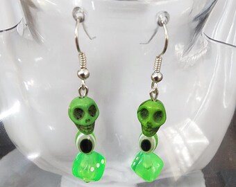 evil eye earrings, green sugar skull earrings, bead dice earrings, dangles handmade day of the dead jewelry