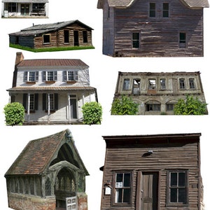 Antiguo edificio abandonado y decrépito que alberga cabañas, clipart, hoja de collage digital de descarga instantánea, troqueles, álbumes de recortes, diarios basura