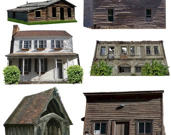 old decrepit abandoned building houses cabins, clipart, digital collage sheet instant download, die cuts, scrapbooking, junk journals