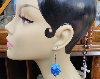 blue raspberry bead drop earrings, long dangles,  big bead earrings handmade jewelry