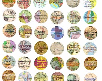 collage sheet old world maps travel quotes 1 inch circles clipart digital download vintage map images pendant jewelry making printables