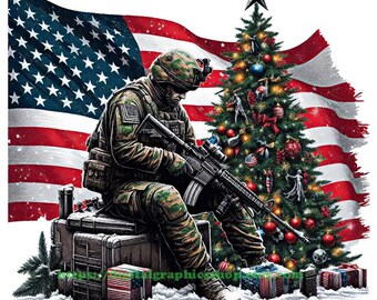 printable American soldier with USA flag and Christmas tree png patriotic art logo military vet clipart America Proud jpg download