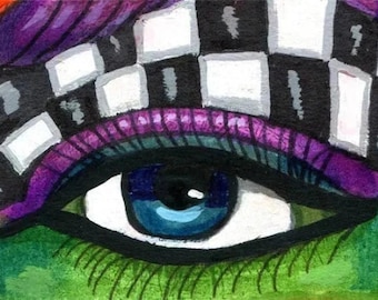 surreal original aceo art drawing card womans eye chess board miniature surreal OOAK artwork