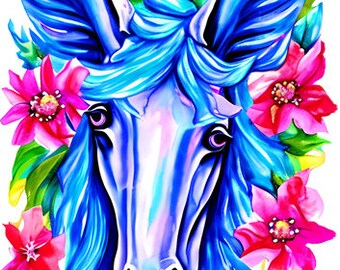 blue whimsical unicorn horse and flowers 5" x 9" inch surreal watercolor painting digital printable art instant download