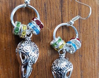 Crow bird skull silver metal charm earrings, crystal bead hoop dangles handmade jewelry