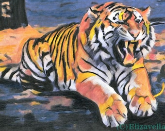 ORIGINAL ABSTRACT tiger color pencil drawing original art colorful animals wildlife small size