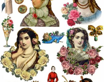 renaissance victorian women vintage art clipart png download digital image graphics printable flowers roses die cuts diy crafts cut outs