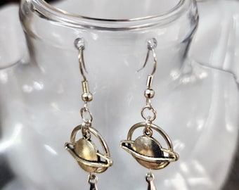 Saturn Star charms earrings dangles silvertone metal handmade celestial jewelry