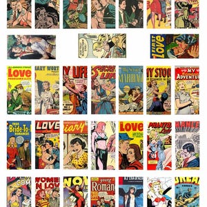 May include: A collection of vintage comic book covers featuring romantic and dramatic illustrations with various characters, bold typography, and colorful panels. The artwork displays diverse scenes of couples, action, and storytelling in a classic mid-century style.